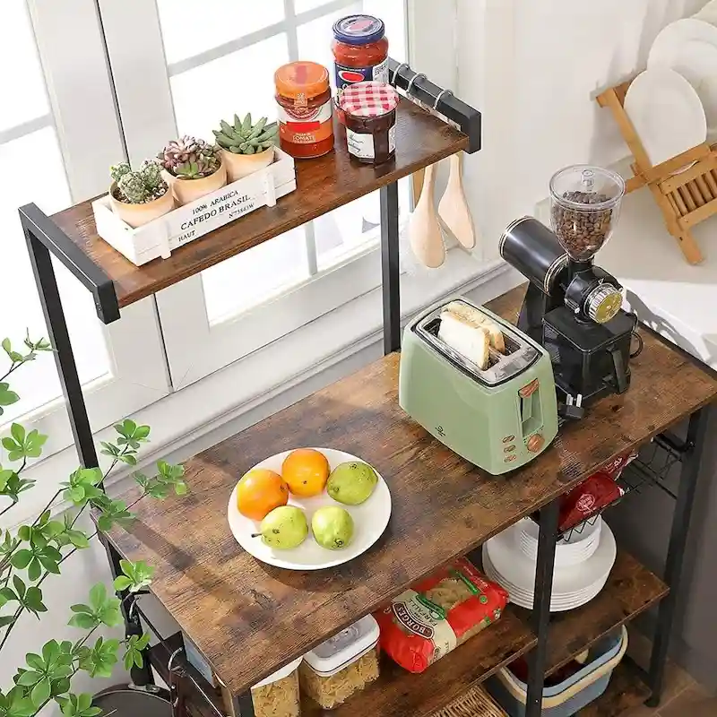 Kitchen Microwave Oven Stand Shelf with Wire Basket and 6 S-Hooks - 35.4L x 15.7W x 52H