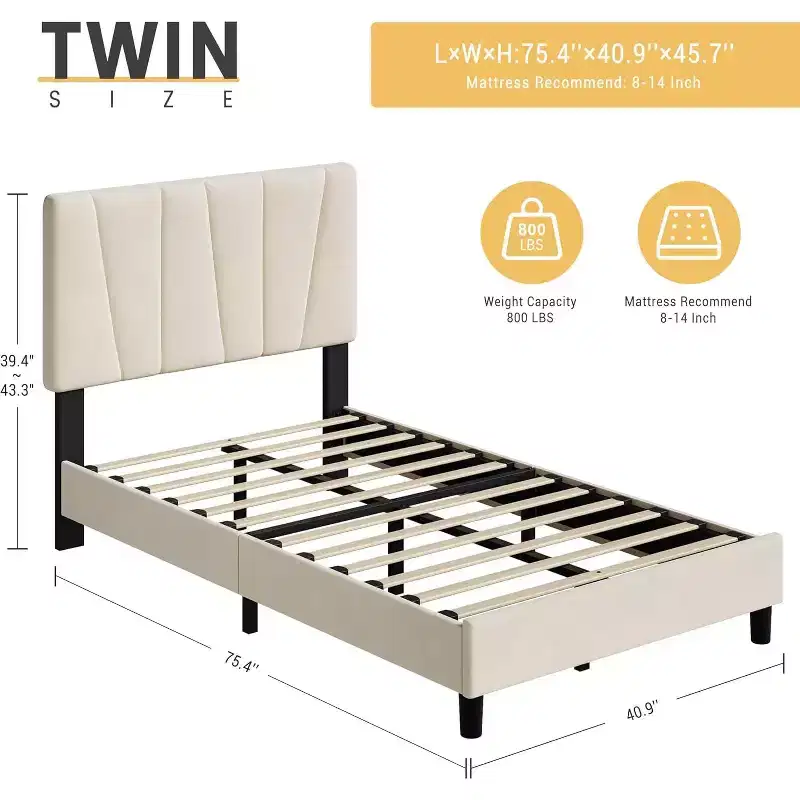 Twin Size Linen Upholstered Platform Bed Frame with Adjustable Headboard, Wooden Slats Support, No Box Spring Needed, Easy Assembly