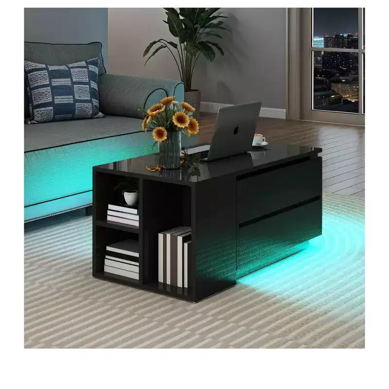 Convertible Wooden Extandable LED Coffee Table with 4 Storage Drawers & Open Shelves For Living Room Black