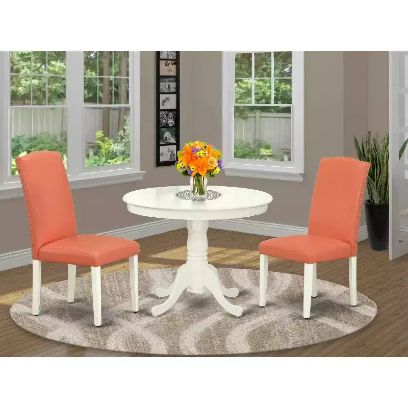 Round Dining Table Set - 36 Inch Table & 2 Chairs - Pink Flamingo & Linen White
