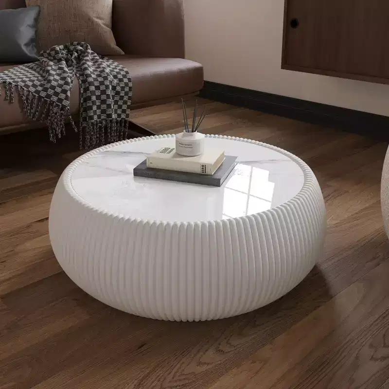 Okak Modern Round Drum Shape Coffee Table with Marble Top & Leather Side,Fashionable Center Table for Living Room,Bedroom