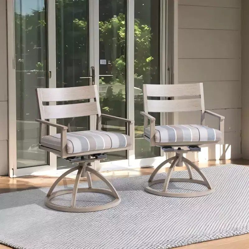 Crestlive Products Patio 2pc 360 Swivel Outdoor Dining Chairs Aluminum Frame, Wood Grain Finish with Sunbrella Cushion