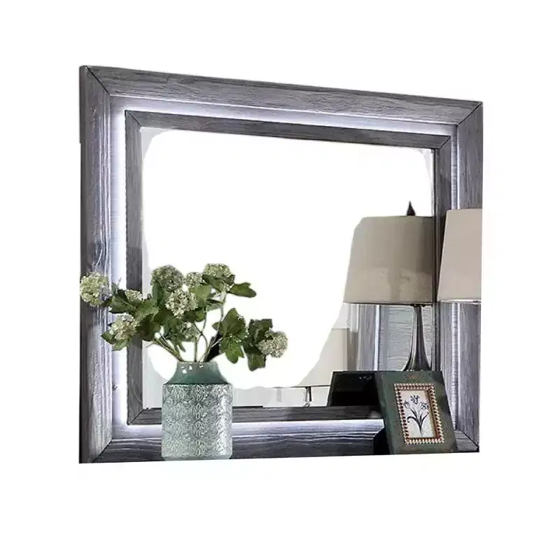 Dresser Mirror with White LED Lights, 46 Inch Gray Solid Wood Frame