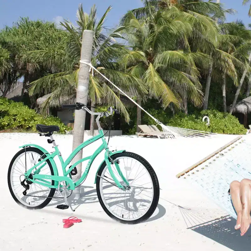 NAYSAYE 26 Inch Beach Cruiser Bike for Adults, 7 Speed Commuter Bicycle Steel Frame for Women for Comfortable Rides, Mint Green, 69.6*28.5*40.5