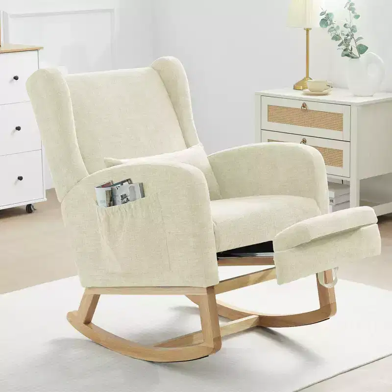 Hyleory Chenille Rocking Chair Rocker With Retractable Footrest, Solid Wood Leg, Long Non-Slip Pad, Lumbar Support And Side Pocket