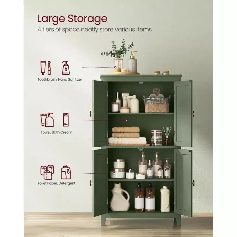 Bathroom Floor Storage Cabinet with 4 Doors & Adjustable Shelves, Freestanding Storage Unit, 11.8 x 23.6 x 43.3 Inches