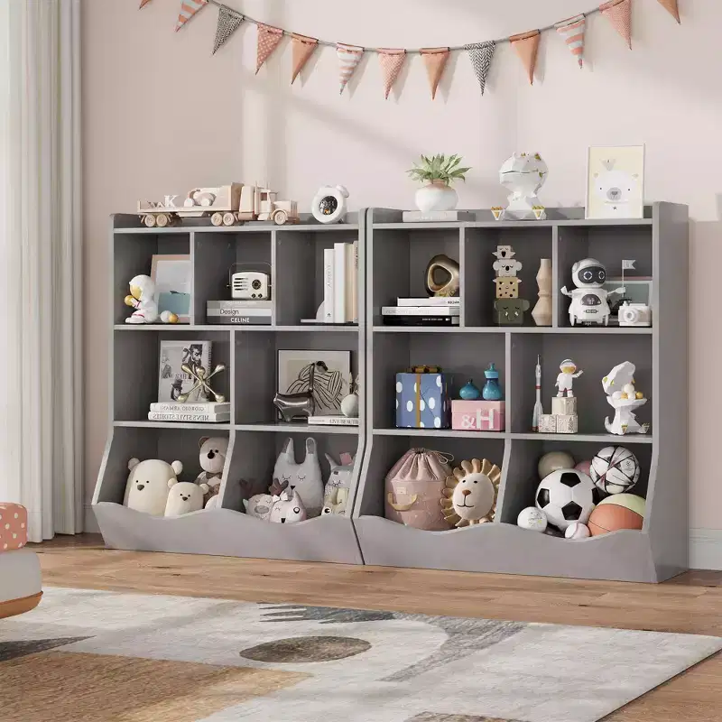 COZONY Set of 2 Kids Bookshelf and Toy Storage Unit, 3-Tier Wooden Freestanding Bookcase with 7 Compartments for Bedroom, Playroom, Nursery