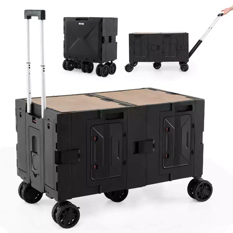 Large Foldable Utility Cart with 2-Tier Storage Crates 5 Rotate Wheels Metal Black/Pink/White