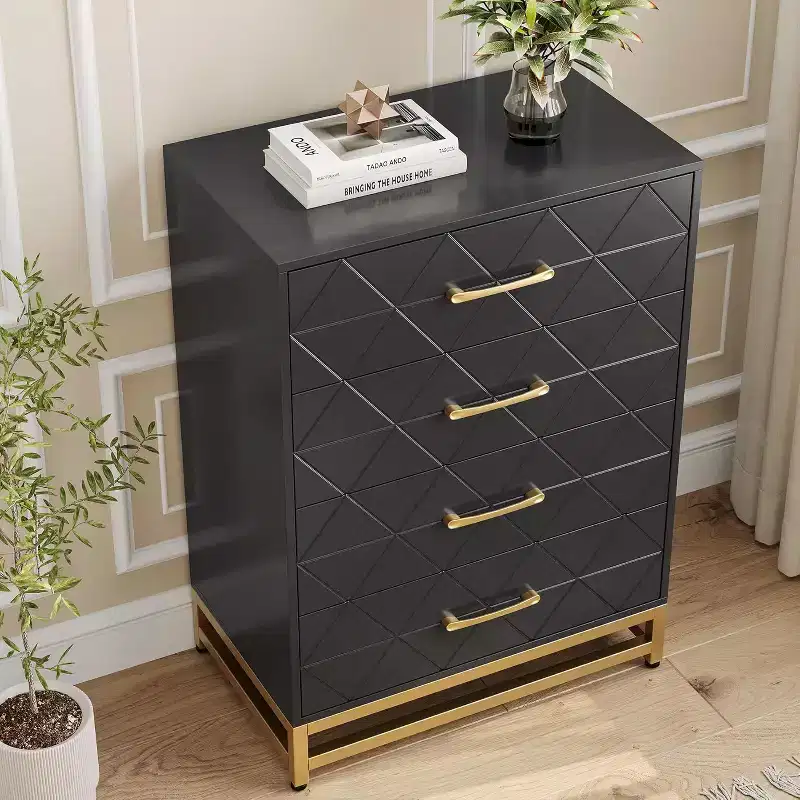 4 Drawer Dressers, Wood Dresser w/Golden Handles, Storage Chest Cabinet Organizer Unit, Chest of Drawers for Living Room, Closet, Hallway