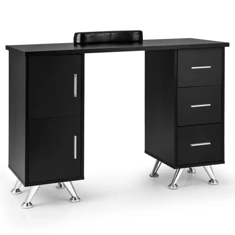 Wooden Nail Desk Station with Removable Wrist Rest, 3 Drawers & 2 Cabinets
