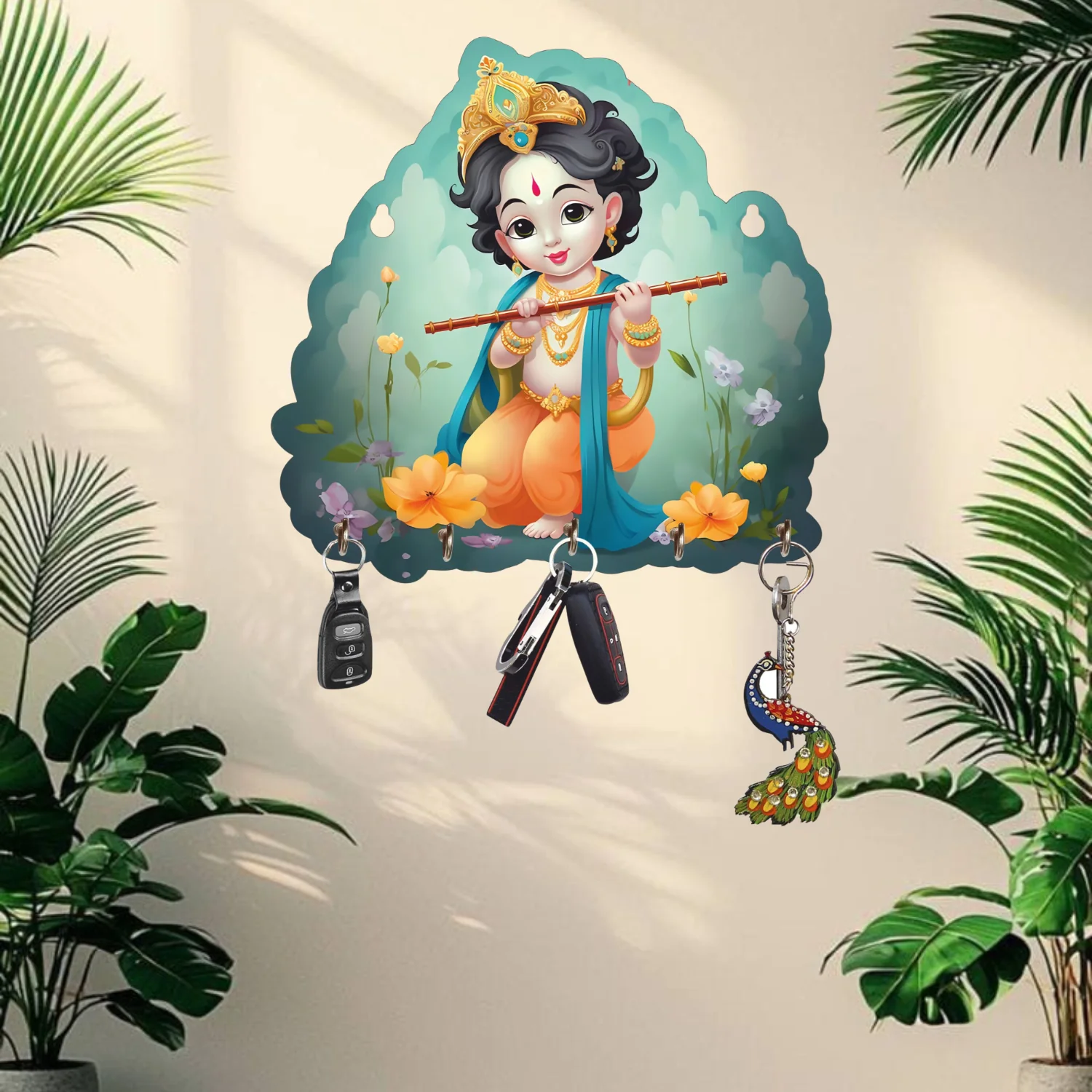 Krishna Key Holder for Home Decor,Home Decor Item, Key Hanger for Wall Decor, Wooden Key Holder for Office (10 Inches)