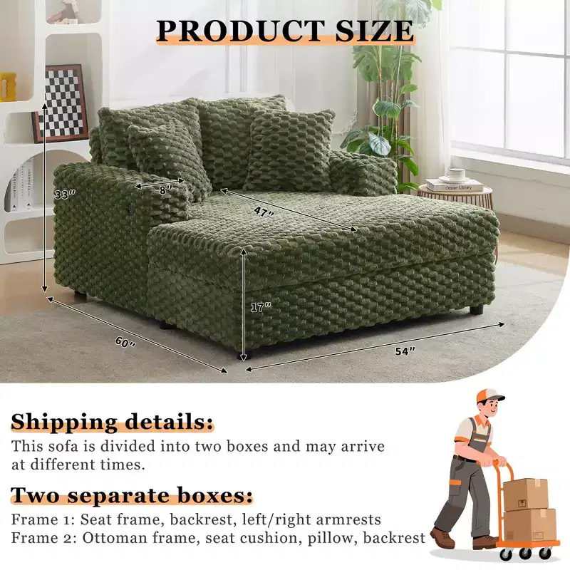 60 Oversized Indoor Chaise Lounge w/ Armrests & Throw Pillows, Upholstered Sleeper Chair Sofa Bed, Cozy Reading Couch for Living Room & Home