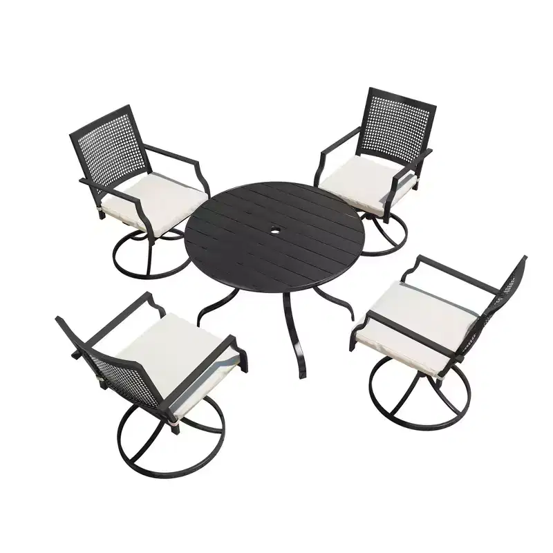 Mondawe 5-Piece Outdoor Dining Set Black Round Table with Umbrella Hole Swivel Dining Chairs