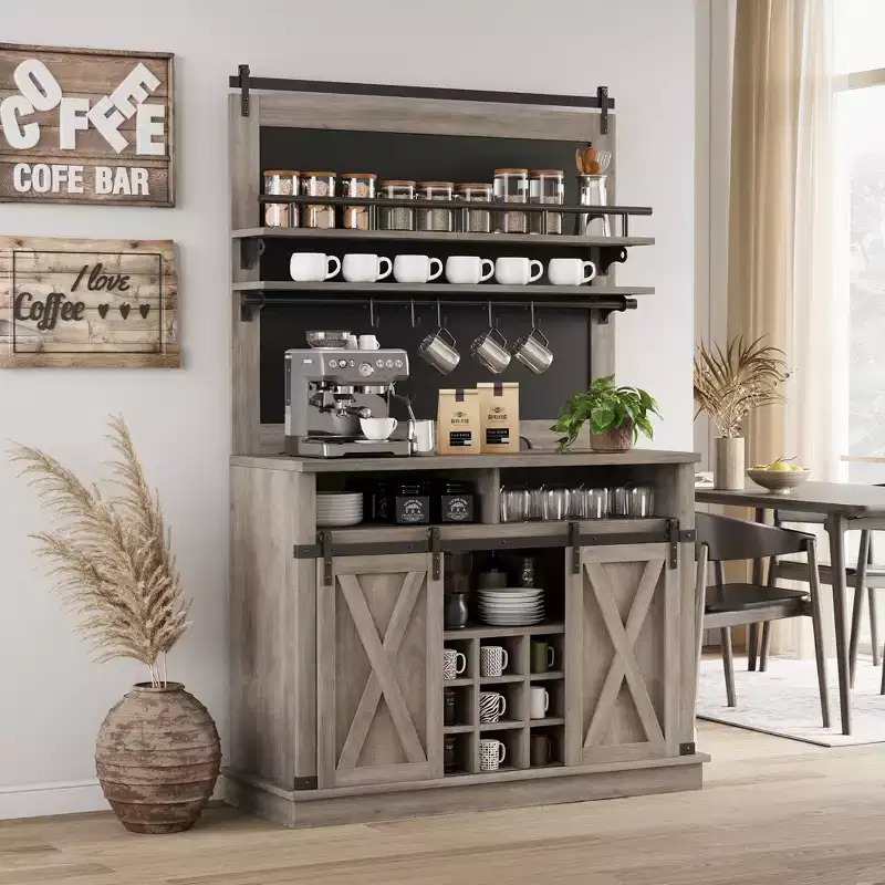 75-inch Farmhouse Coffee Bar Cabinet - Tall Buffet Hutch with Sliding Barn Door, Storage Sideboard for Dining Room & Kitchen