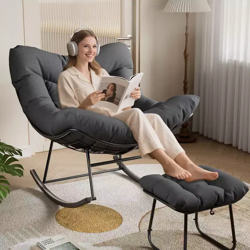 Oversized Outdoor Patio Rocking Chair, Modern Metal Lounge Rocker with Cushion, Papasan Chair 350lbs Capacity for Balcony & Bedroom