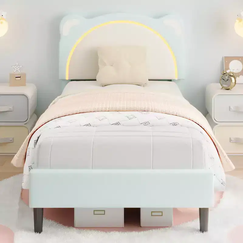 Twin Upholstered Platform Bed Frame with Adjustable Headboard, Smart LED and Wooden Slats Support, No Box Spring Needed