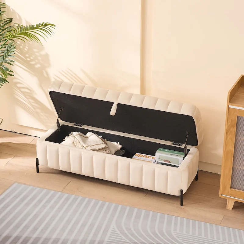 49.21 Upholstered Velvet Storage Bench with Metal Legs for Bedroom