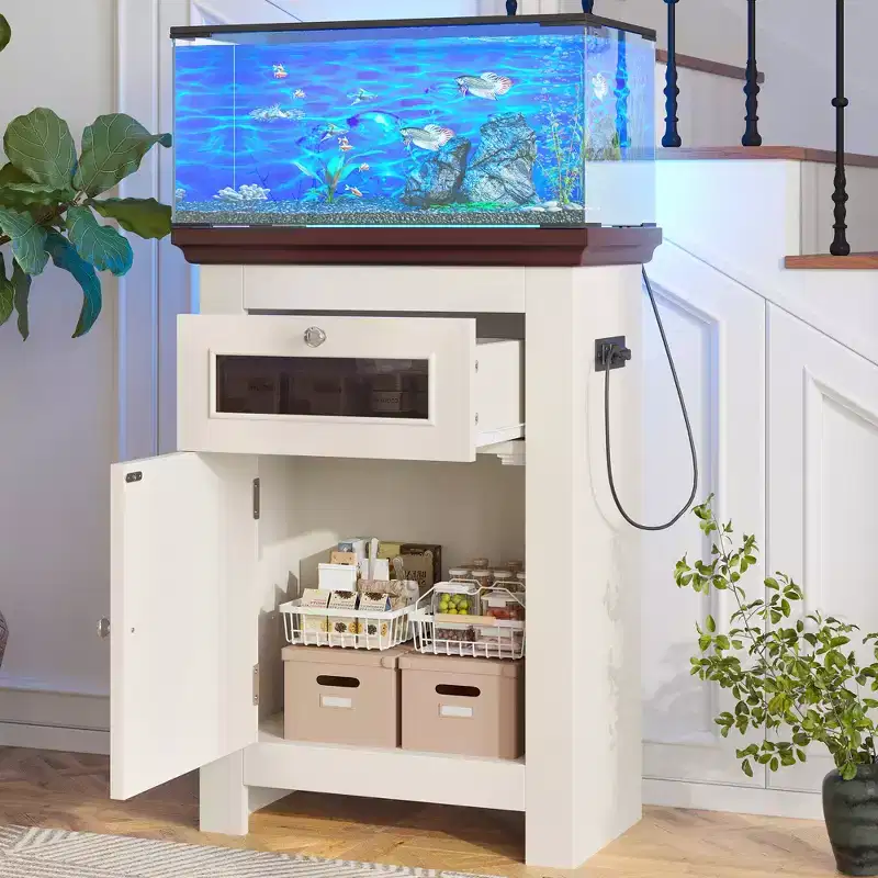 GDFStudio Dalton Farmhouse Wood Aquarium Stand with Power Outlets, Storage Cabinet and Drawer