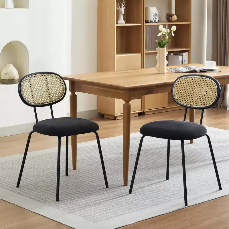 Set of 2 Modern Upholstered Metal Dining Chairs with Woven Grid Back and Strong Metal Frame