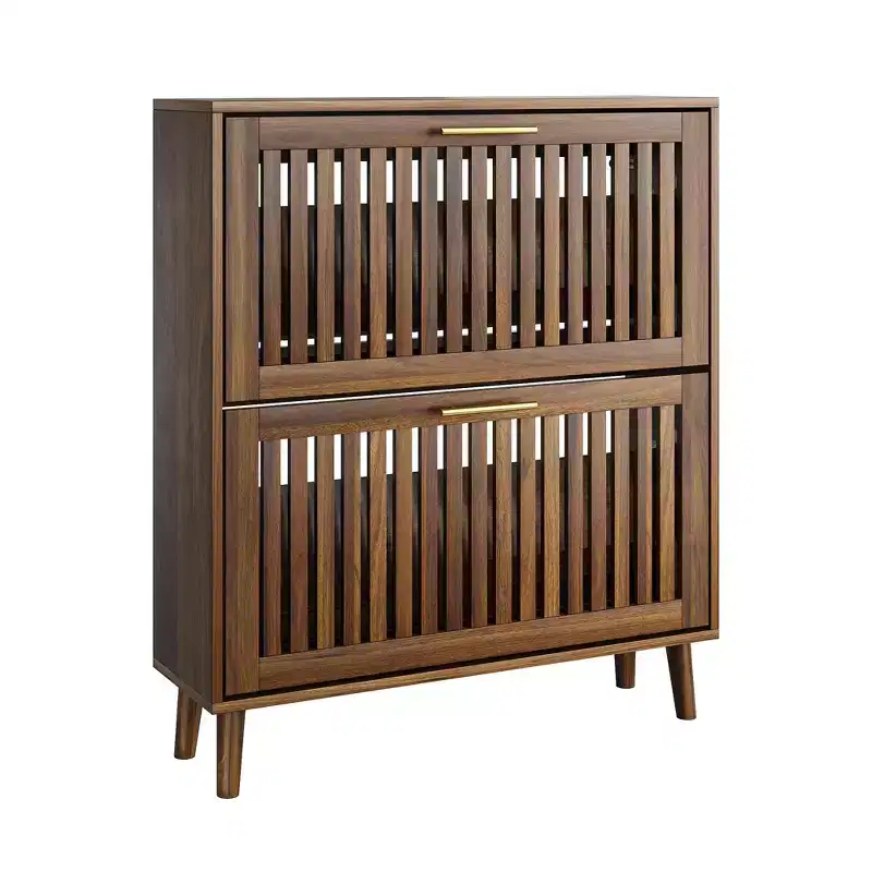 JVNOXK 31.5-inch Walnut Slatted Shoe Cabinet, Mid-Century Modern Freestanding Design with 2 Flip-Top Drawers, Ideal for Hallways