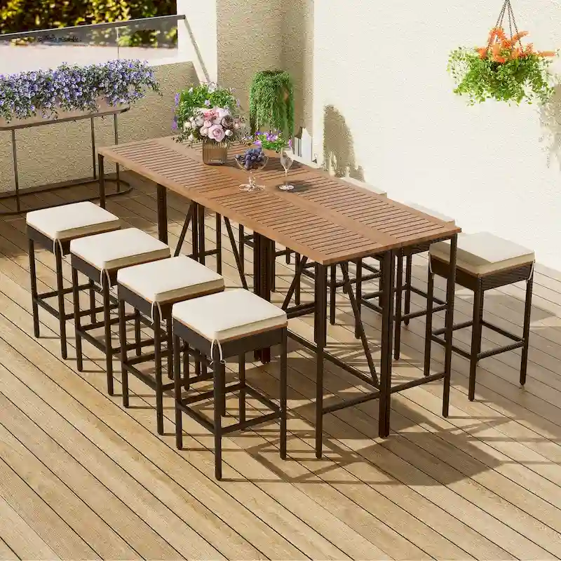 10-Piece Outdoor Table,8 Stools With Cushions,PE Rattan Wicker Dining Table,Foldable Tabletop,All-Weather Patio Furniture