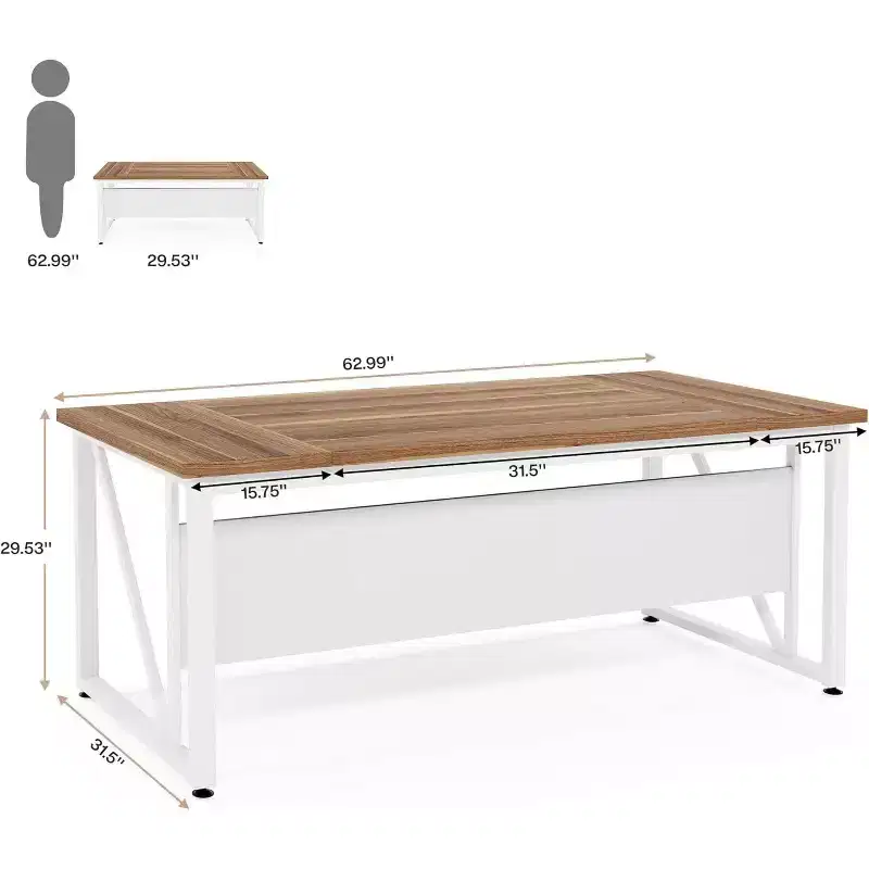 63-Inch Computer Desk with Bottom Storage Shelf & Metal Panel – Beige, Steel Legs