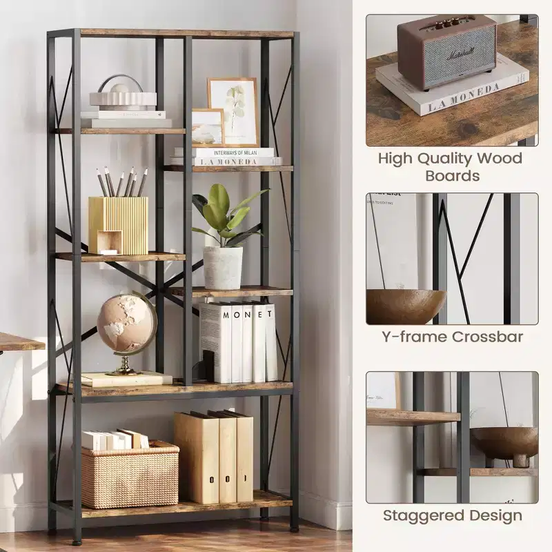 COZONY Industrial Split-Level Tall Bookcase, Vintage Metal Frame Open Display Racks for Living Room Bedroom Home Office