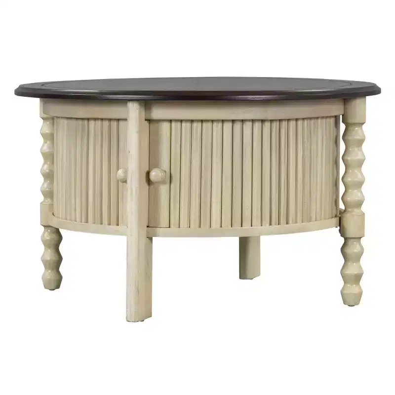 Round Wood Coffee Table with Sliding Door Storage & Solid Legs