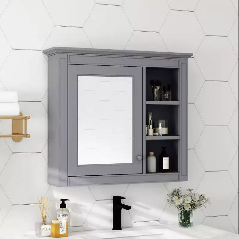 MAYEERTY 28 Medicine Cabinet, Wall Mounted Bathroom Storage Cabinet with Mirror 3 Open Shelves Modern Gray