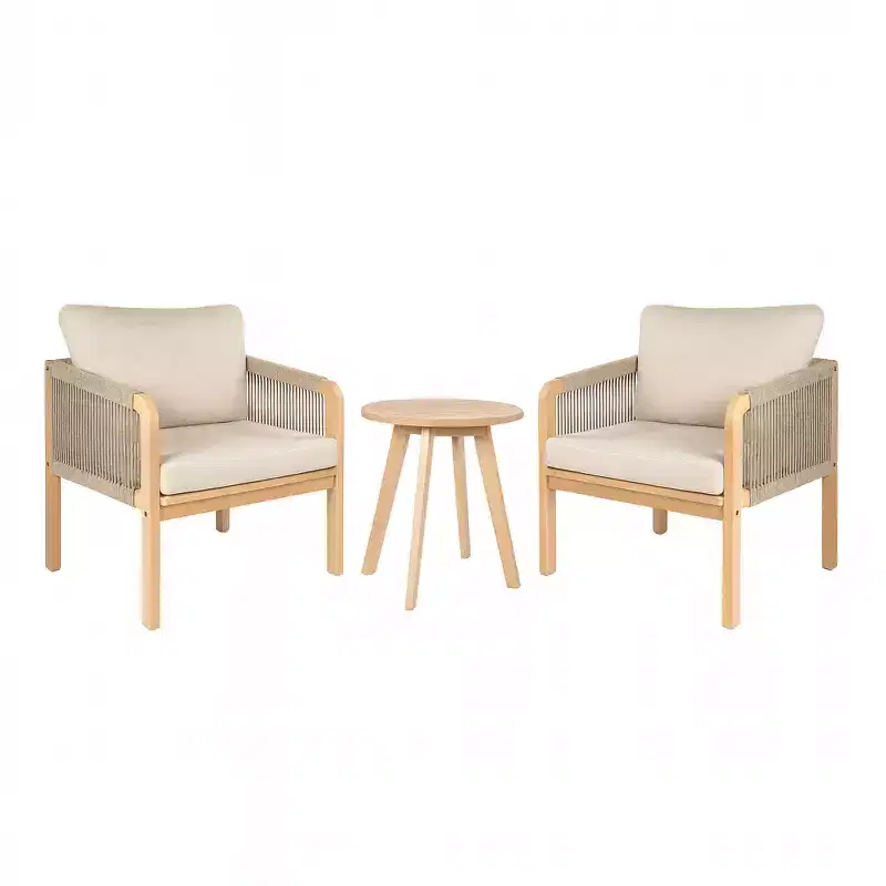 Aveiro 3-Piece Modern Bohemian Roped Acacia Wood Conversation Outdoor Patio Set with Cushions - JONATHAN Y