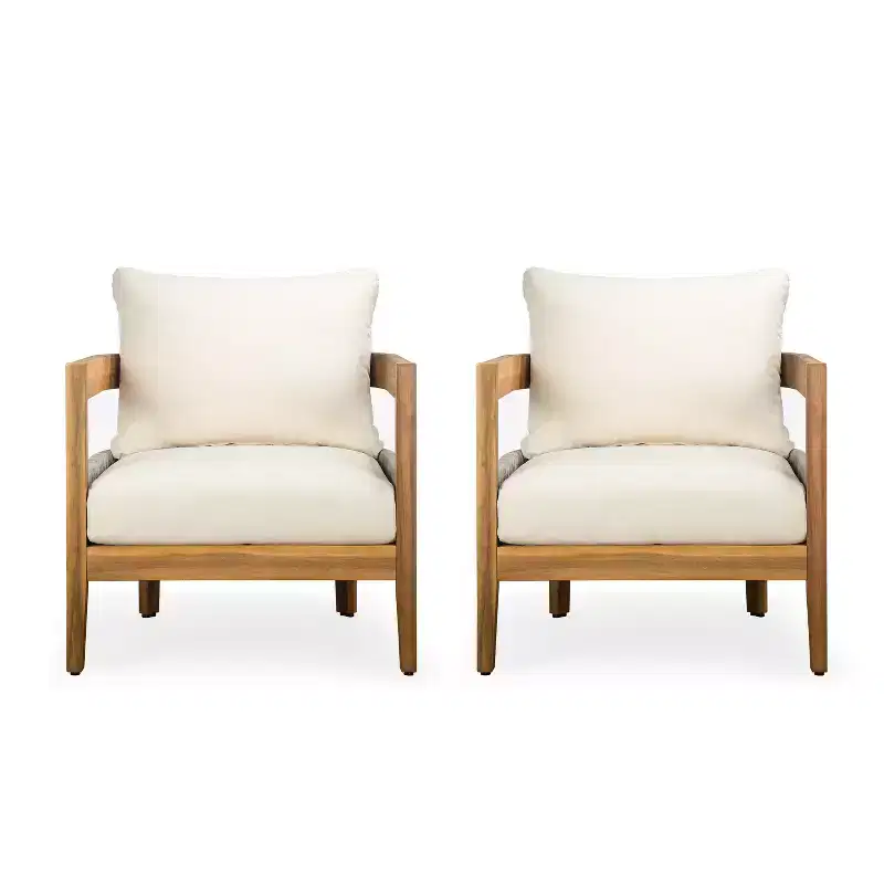 Christopher Knight Home Fawn Modern Outdoor Acacia Wood Club Chair with Cushions( Set of 2), Beige/Teak