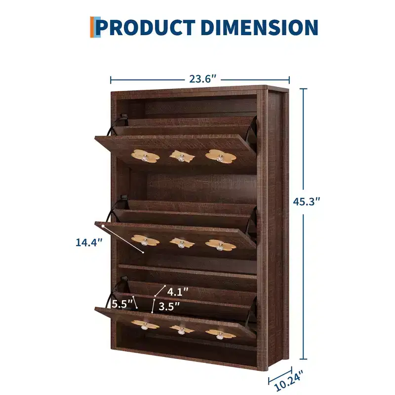 Garvee Shoe Cabinet with 3 Carved Flip Drawers, crystal handles, Shoe Storage Cabinet with Adjustable Shelf, Wooden Organizer Shoe Cabinet