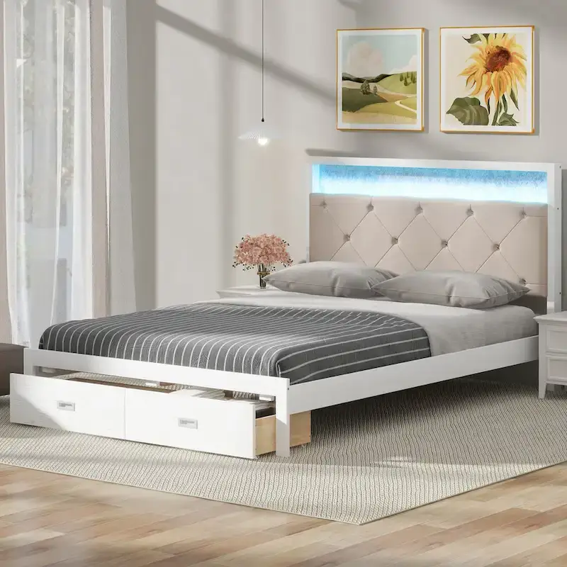 Queen Size Platform Bed with Upholstered Headboard, LED, and 2 Drawers
