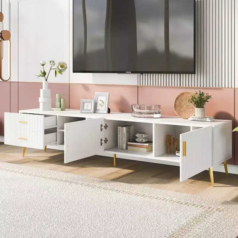 TROPOW TV Stand with Storage Drawer, Entertainment Center with 2 Cabinet Doors and 2 Drawers, Low Profile TV Cabinet for TVs up to 75 Inch,White