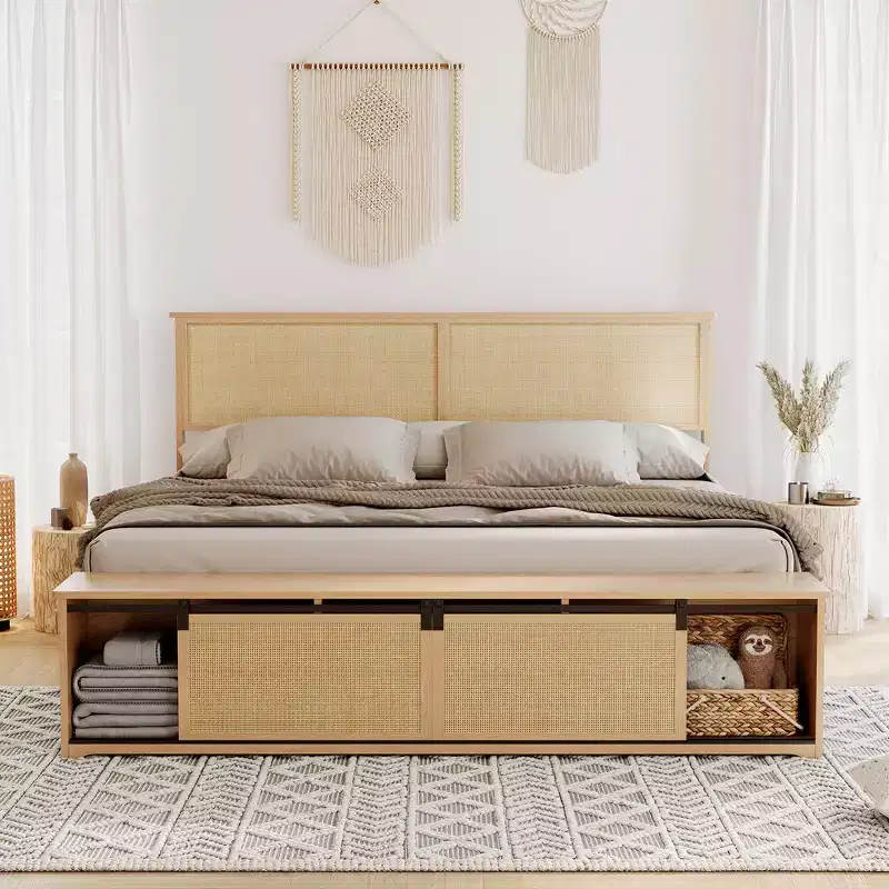 Natural Rattan Bed Frame with Sliding Barn Door Storage Cabinets and LED Light Headboard, Boho Farmhouse