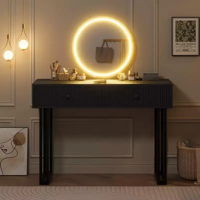 GustoWave Vanity Desk with Mirror and Lights, Makeup Vanity with 2 Drawers, Vanity Organizer with 3 Color LightsAdjustable Brightness, Dressing Table