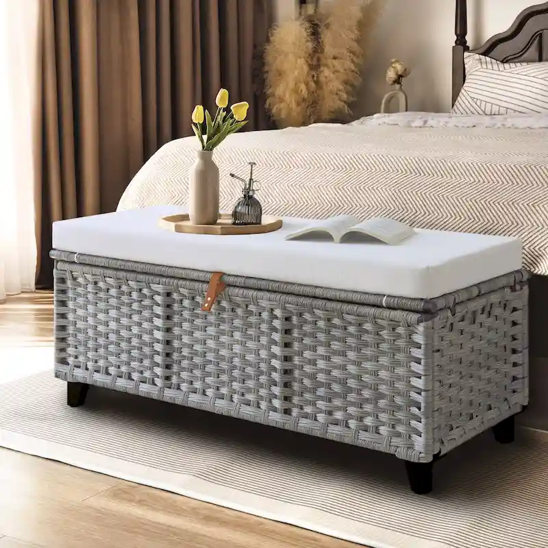 Wicker Storage Bench with Cushion for Bedroom, Living Room, Porch - 18.5 H X 43.3 W X 18.5 D