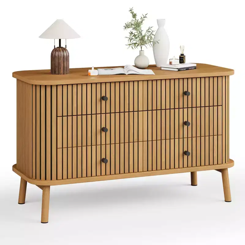 COZONY Boho 6-Drawer Double Dresser with Black Handles, Natural Wood Storage Chest for Bedroom, Living Room & Hallway