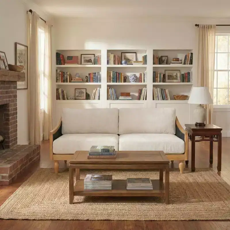 Mid-century Loveseat Sofa with Soft Upholstery, Rattan Armrests & Wooden Legs, 2-Seater Sofa for Living Room, Bedroom, or Apartment-Panipeachy