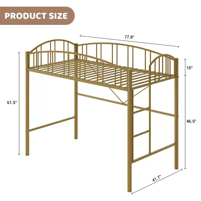 Twin Size Bed with Ladder  High-Arched Guardrail and Metal Slats, Space-Saving, Easy Assembly, Safe for Kids/AdultsGold