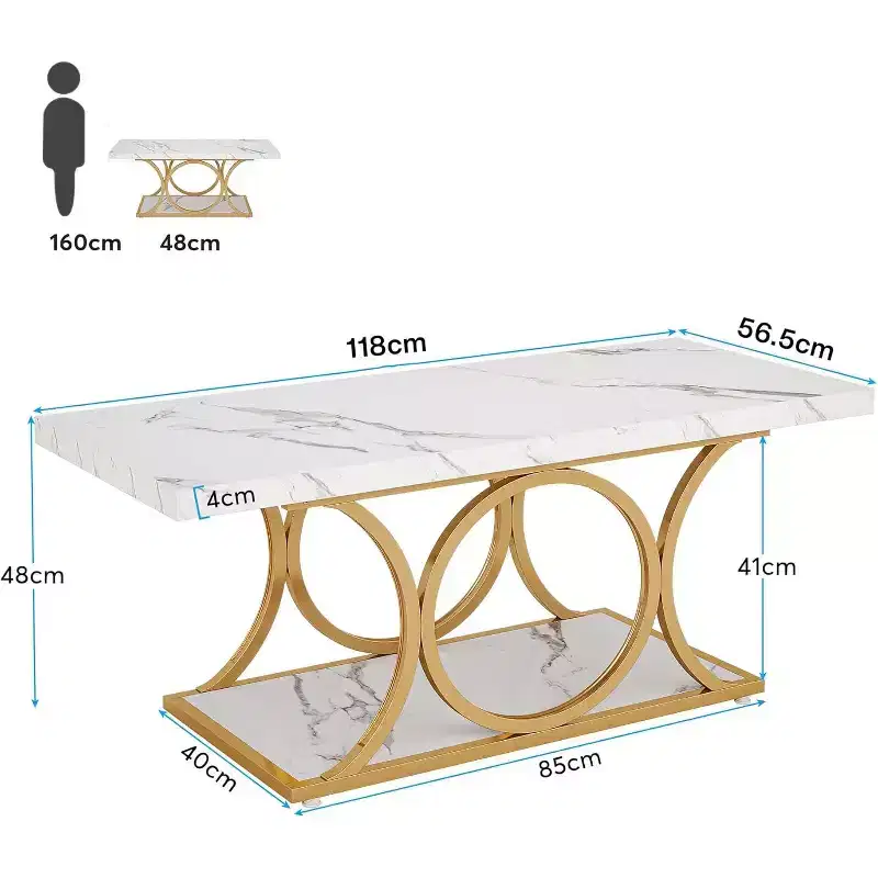 Lantine 46.45-inch Modern 2-Tier Coffee Table with Faux Marble Top, Geometric Legs, Storage Shelf for Living Room (White & Gold)
