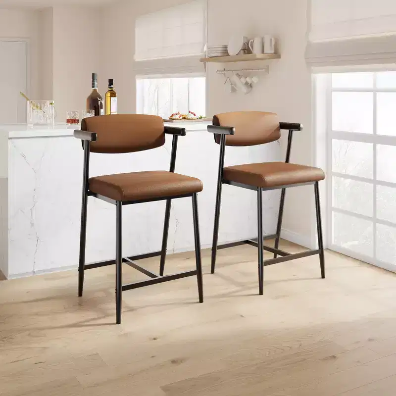 Counter Height Bar Stools Set of 2 with Arms, Upholstered Barstool with Back, Soft Wider Seat, Metal Bar Stools Set for Kitchen Island, Easy Assembly
