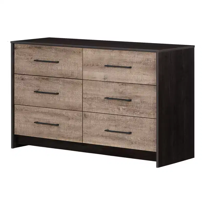 6-Drawer Double-Wide Chest (Distressed Black/Weathered Oak): Modern-style storage unit with metal glides