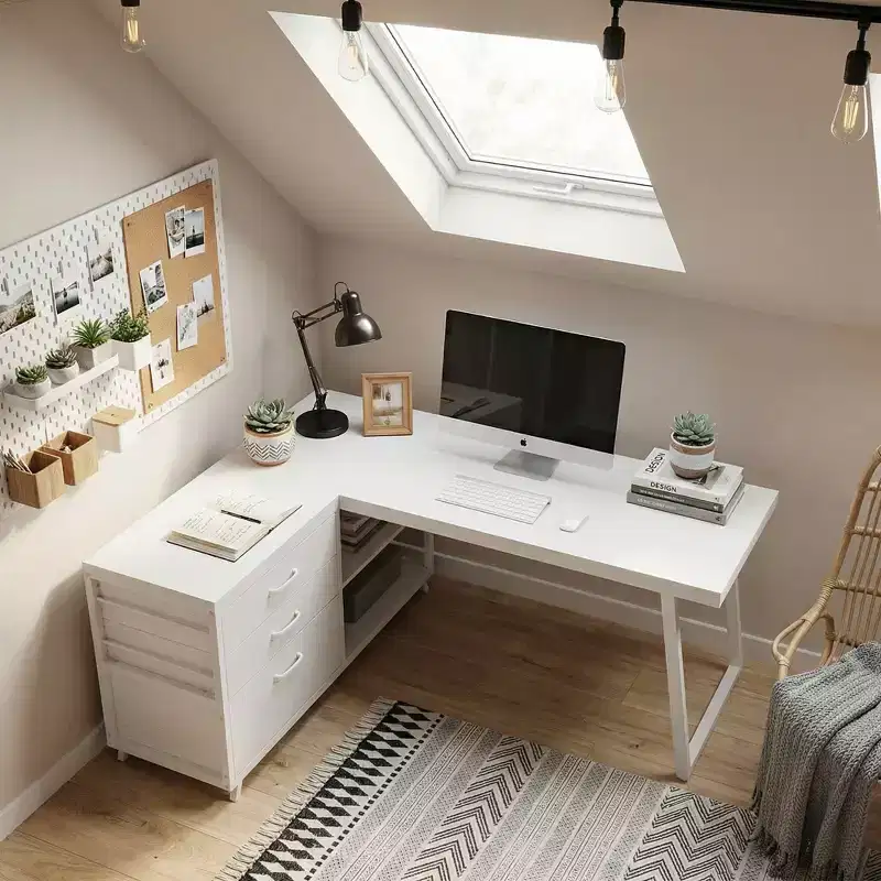 Reversible L-Shaped Desk with 3 Drawers & Open Shelves - Rustic Home Office