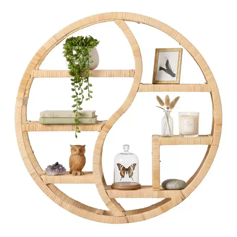 Round Bamboo Wall Shelf with 3-Tier Wooden Display, Boho Circle Hanging Shelf