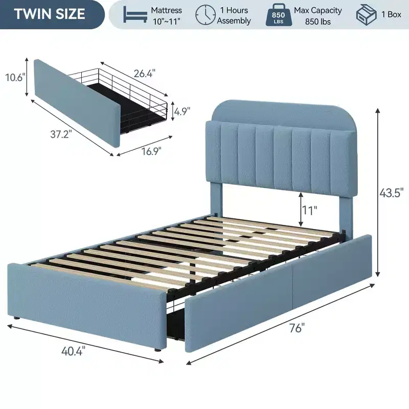 Boucle Twin Platform Bed with  Headboard & Storage Drawers - Noise-Free Upholstered Youth Bed for Boys and Girls, No Box Spring Needed