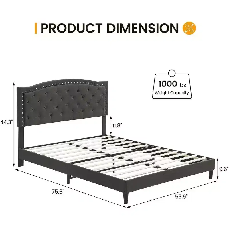 Queen Size Platform Bed Frame, Queen Upholstered Bed Frame with Adjustable Headboard, Heavy-Duty Slats Support, No Box Spring Needed, Gray