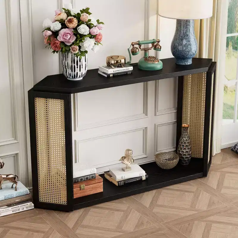 53.54IN Farmhouse Entryway Table with Hexagon Top Design, Console Table with Rattan Decorated Legs, Accent Table for Living Room, Foyer, Black