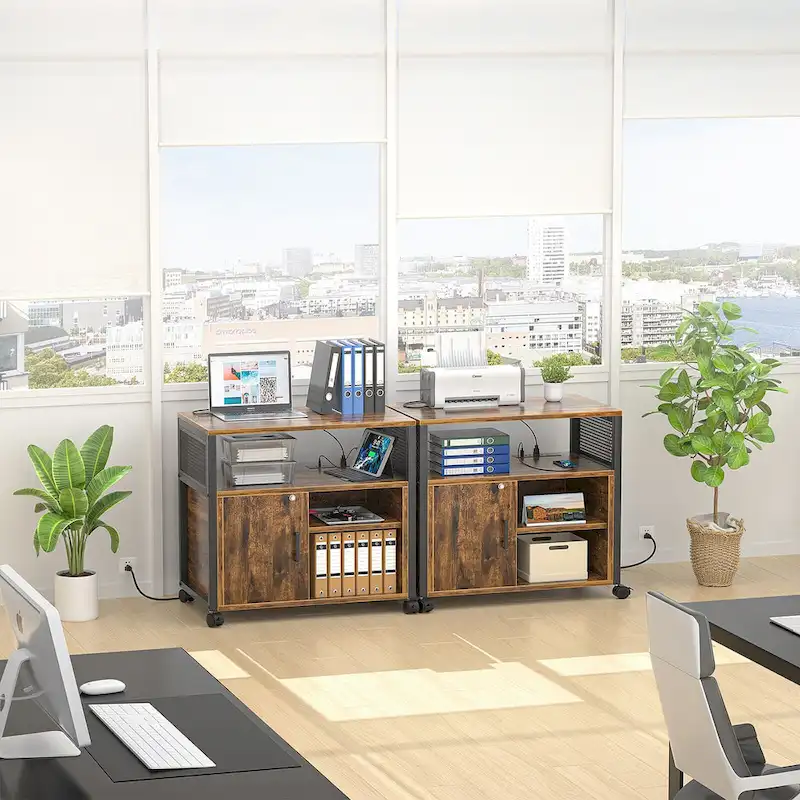 Rolling File Cabinet Lateral Office Filing Cabinets with Charging Station,Modern Printer Stand on Wheels