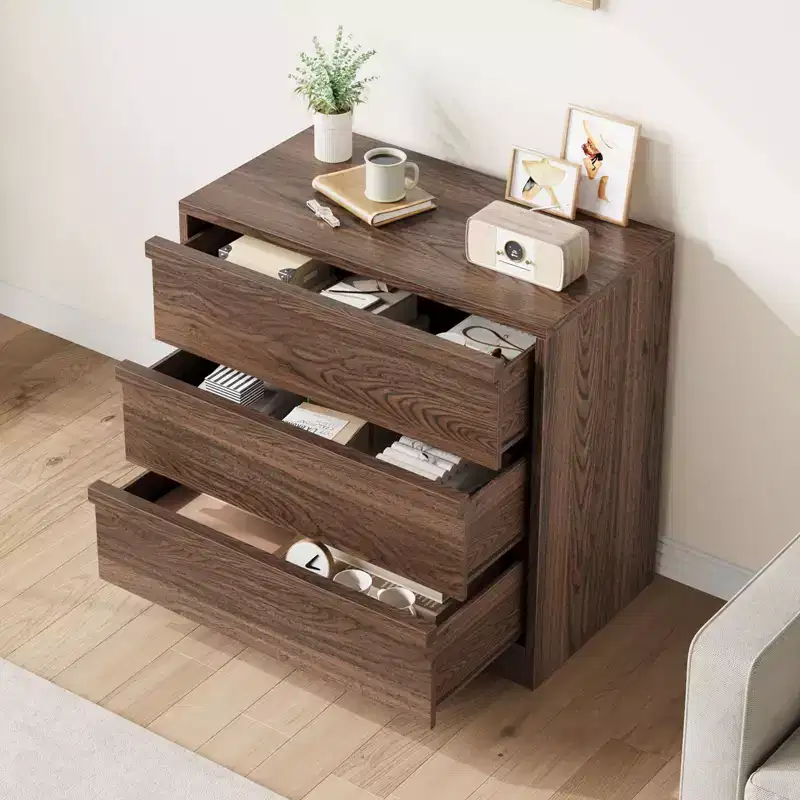 3 Drawer Walnut Nightstand for Bedroom, 30in Tall Small End Table with Large Storage & Anti-Tip Design